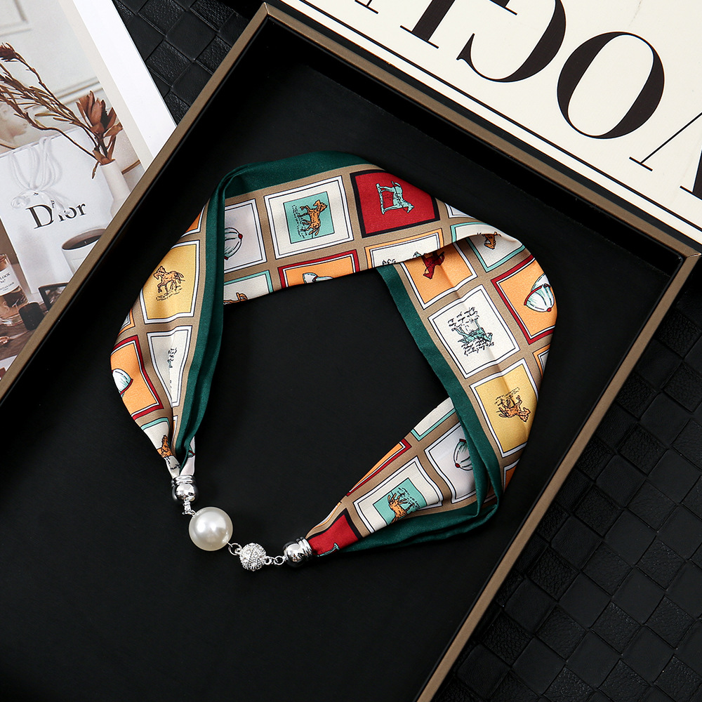 Pañuelo de seda con hebilla magnética de diamantes con incrustaciones de perlas collar mujer retro todo fósforo moda bufanda fina hebilla autocebante babero al por mayor