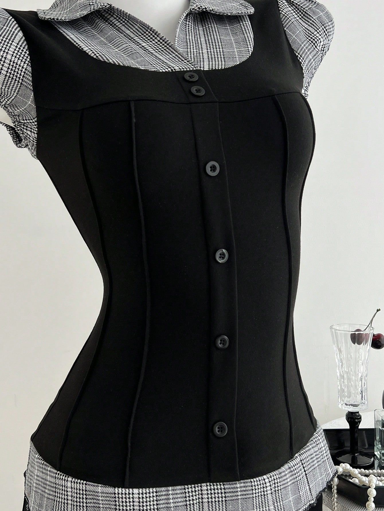 Women's Waist-Defining Plaid Contrast False Two-Layer T-Shirt - Slim Fit Casual Top With Color Block Design_ecoleips.com