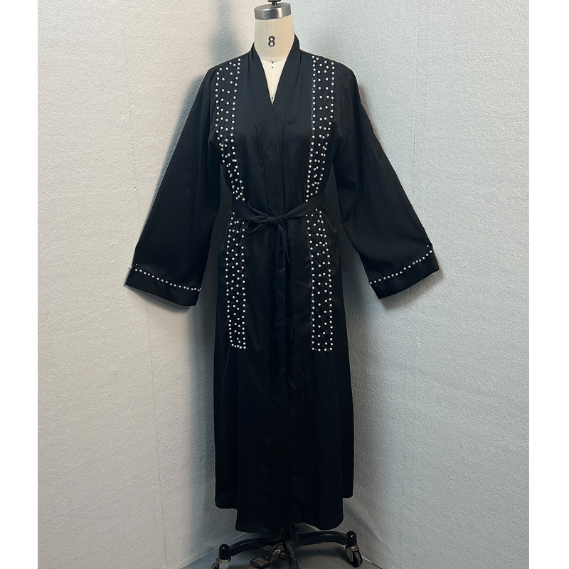 F326 Cross-Border Foreign Trade Middle Eastern Women's Long Dress, Dubai Pearl Embellished Elegant Cardigan Robe,_ecoleips.com