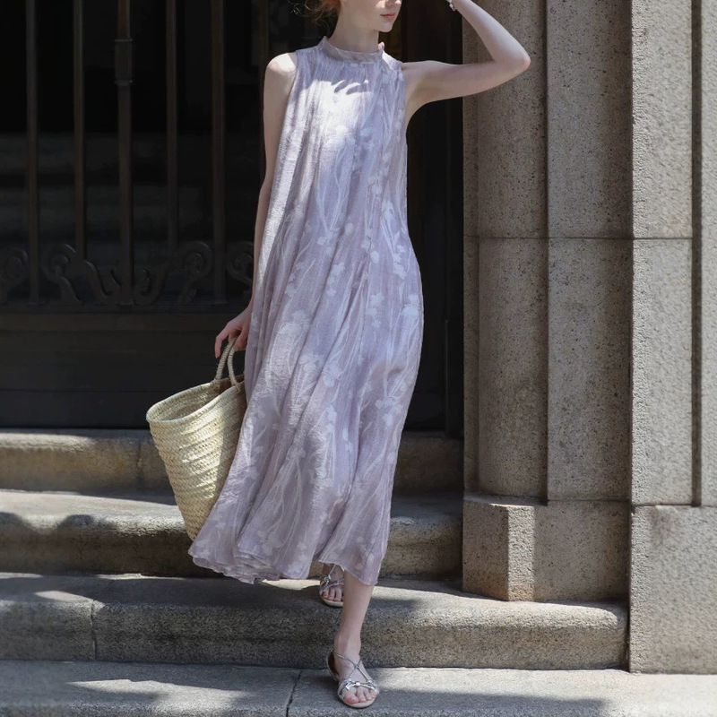 Melliiy French Resort-Style Stand-Collar Sleeveless Printed Purple Mid-Length A-Line Iris Flower Dress Melliiy French Resort-Style Stand-Collar Sleeveless Printed Purple Mid-Length A-Line Iris Flower Dress