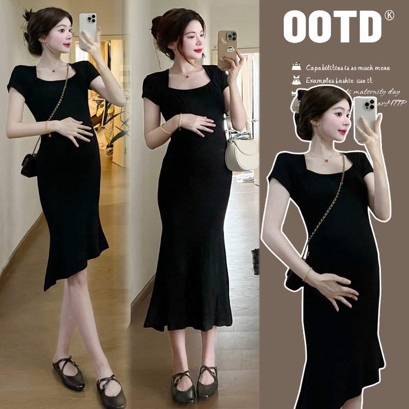 Maternity Dress Summer 2025 Petite Slim-Fit Long Dress Slimming Fashionable Summer Outfit