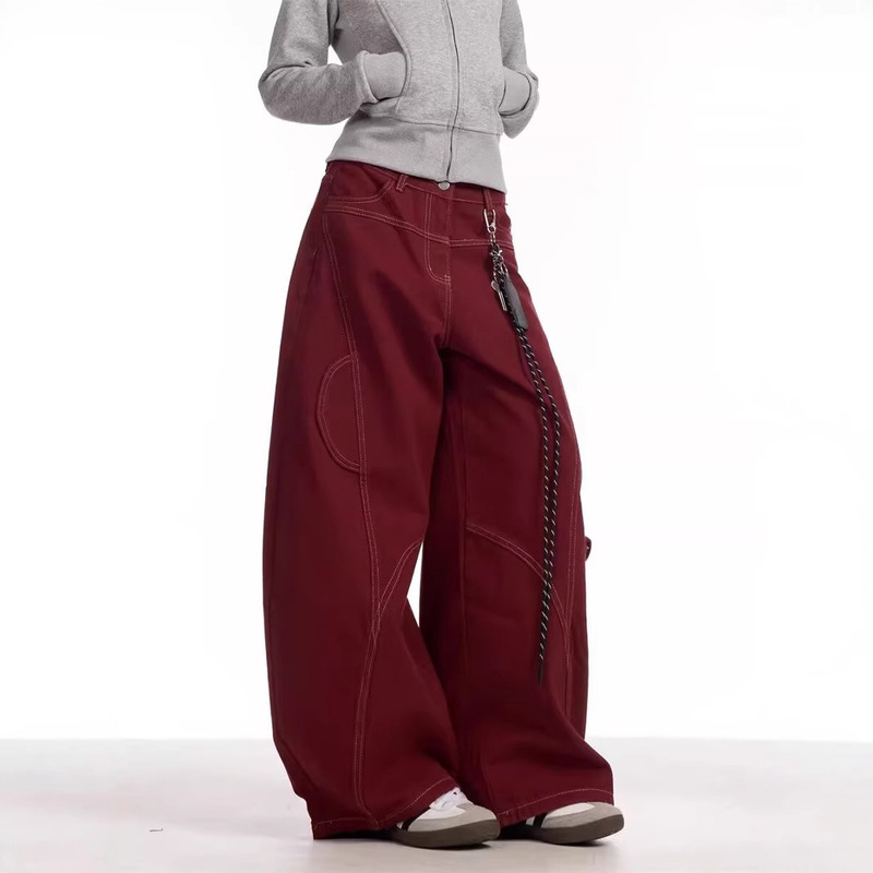 2025 Spring and Autumn New Year Red Jeans Women's National Trend Deconstructed Scimitar Design Loose Floor-Length Trousers Trend 2025 Spring and Autumn New Year Red Jeans Women's National Trend Deconstructed Scimitar Design Loose Floor-Length Trousers Trend