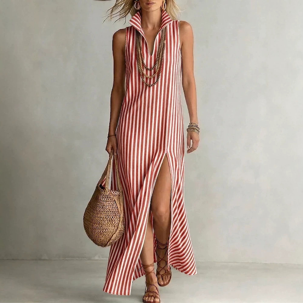 Women's Clothing Striped Stand Up Collar Sleeveless Slit Maxi Dress Women's For Formal & Casual For Women Printed V Neck_ecoleips.com