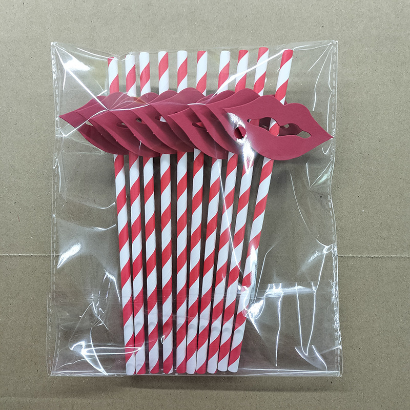 Paja de papel labio Rojo Tarjeta desechable degradable fiesta de boda paja postre pastel bebida paja decorativa