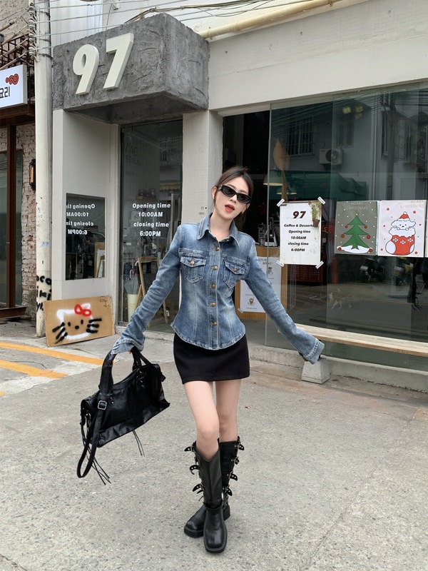 复古蓝色长袖衬衫外套女秋季修身收腰牛仔衬衣设计感气质开衫上衣|undefined