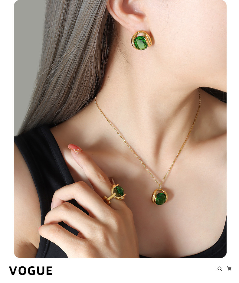 Fashion Square Titanium Steel Inlay Artificial Crystal Earrings Necklace