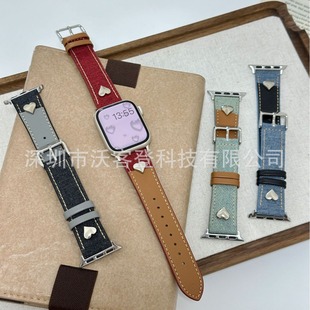 Suitable for apple Heart Color Matching Denim Leather Strap apple watch9/8/SE/7/6/5/4/3/2/1