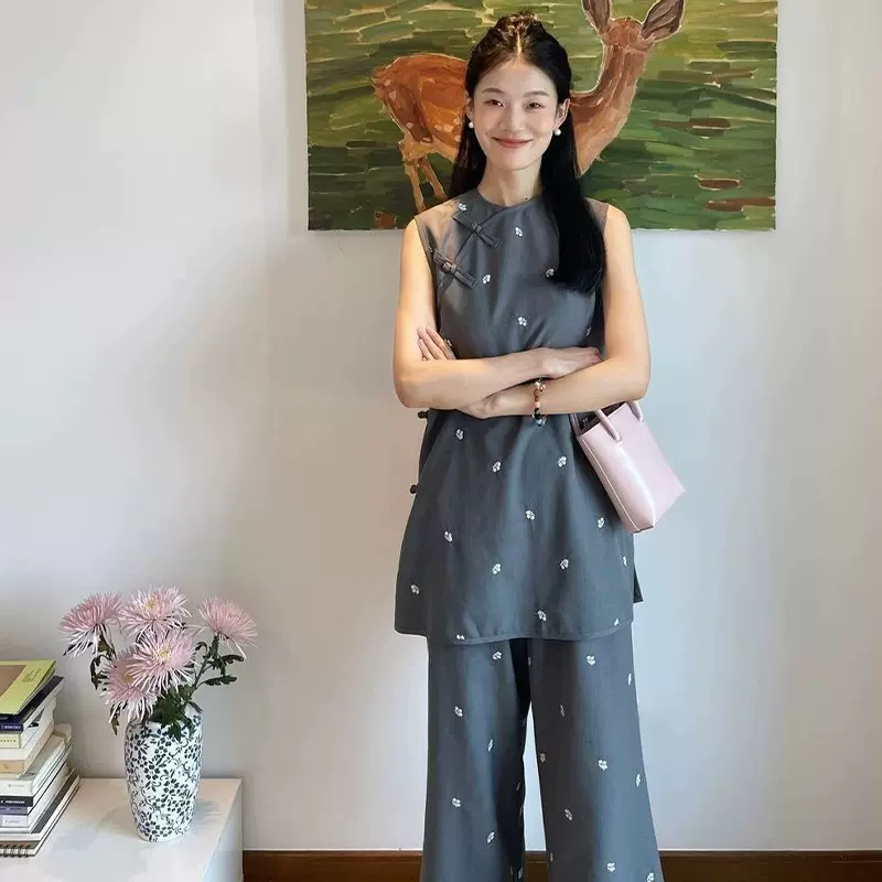 新中式印花睡衣套装2025夏季新款设计感盘扣背心长裤家居服两件套