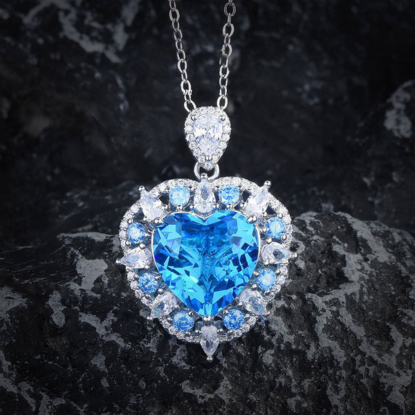 奢华重工托帕石爱心吊坠项链海洋之心戒指心形海蓝宝耳钉彩宝套装