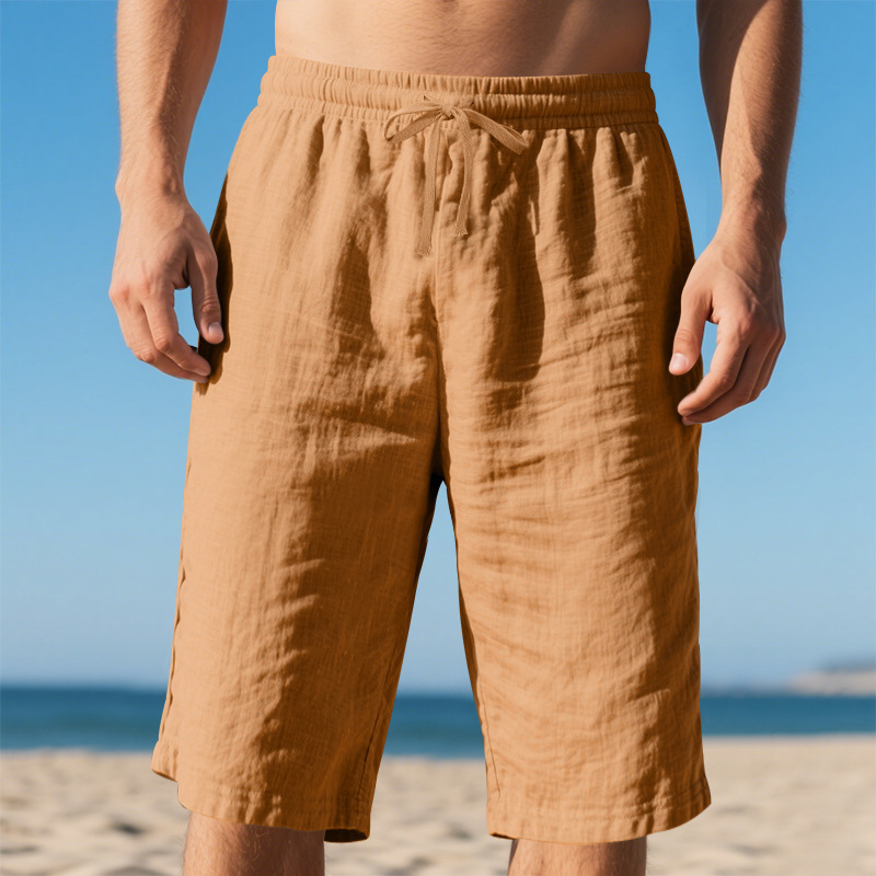 Estación independiente de lino transfronterizo cuerda elástica cintura recta piernas TK color sólido transpirable playa diaria siete puntos pantalones cortos casuales para hombres