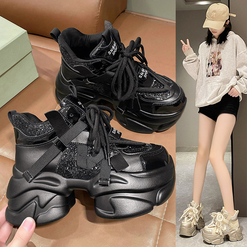 European Women's Shoes 2024 Autumn New Lace-Up Platform Thick-Soled Dad Shoes with Internal Height Increase Sports Casual Shoes for Women