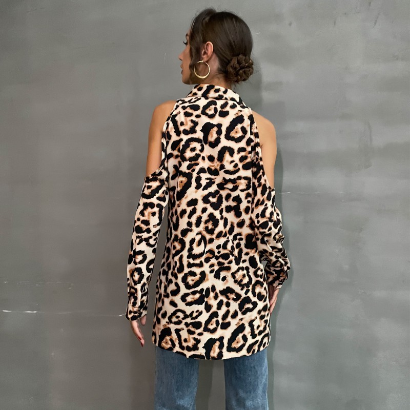 Leopard Print Lapel Long-sleeved Off-shoulder Shirt_voghion.com
