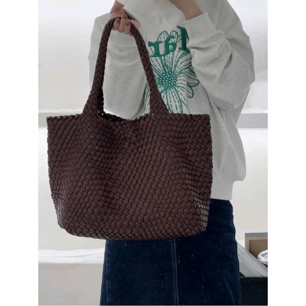 South Korea Niche High-end Genuine Leather Handmade Woven Bag Large Bag Women's Large Capacity Tote Bag Portable Shoulder Underarm Bag