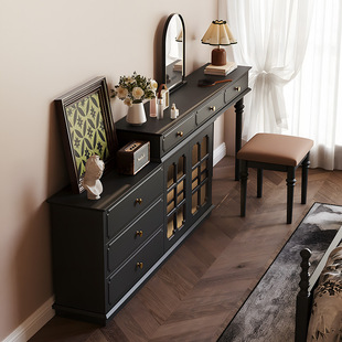 French Retro Bedside Cupboard Dresser Integrated Storage Cabinet Narrow Black Bedroom Retractable Two-In-One Desk Dresser