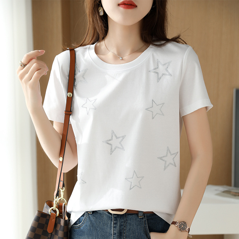 80 double-sided mercerized cotton short-sleeved T-shirt women's white summer new cotton stars rhinestone slim round neck half-sleeve