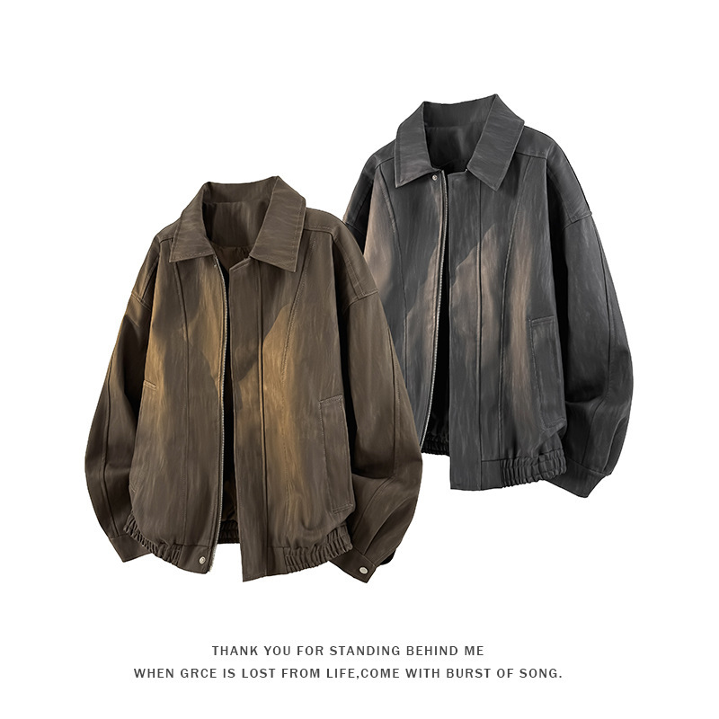 Dark Gray Tie-Dye Pu Leather Jacket for Men, Autumn American Cleanfit High-End Stylish Stand Collar Biker Jacket Dark Gray Tie-Dye Pu Leather Jacket for Men, Autumn American Cleanfit High-End Stylish Stand Collar Biker Jacket
