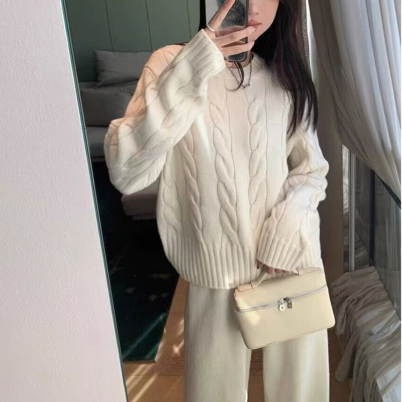 ファッションレトロ太い糸ツイストニットスーツ女性の秋と冬の新しい厚みのあるプルオーバートップ + ワイドレッグパンツ 2 点セット|undefined
