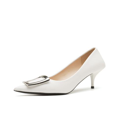9586-3 European women's shoes  autumn new low-heeled pointed toe shallow metal buckle high-heeled shoes commuting shoes