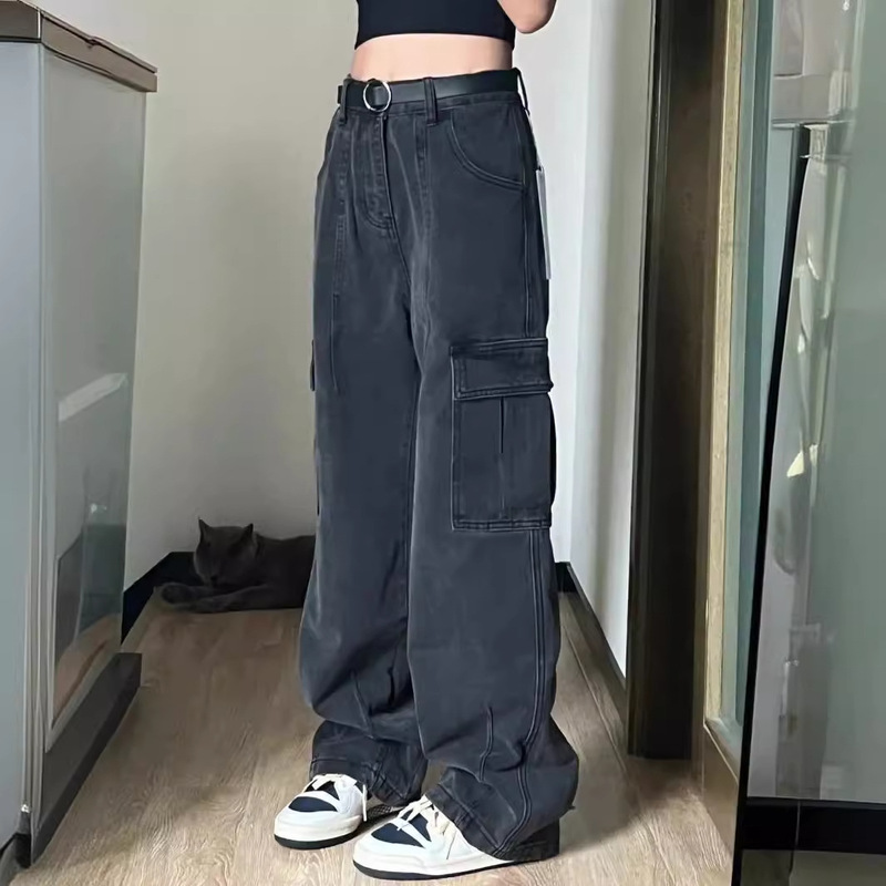 美式复古牛仔工装裤女春秋vibe风宽松设计感多口袋休闲直筒裤子潮|undefined