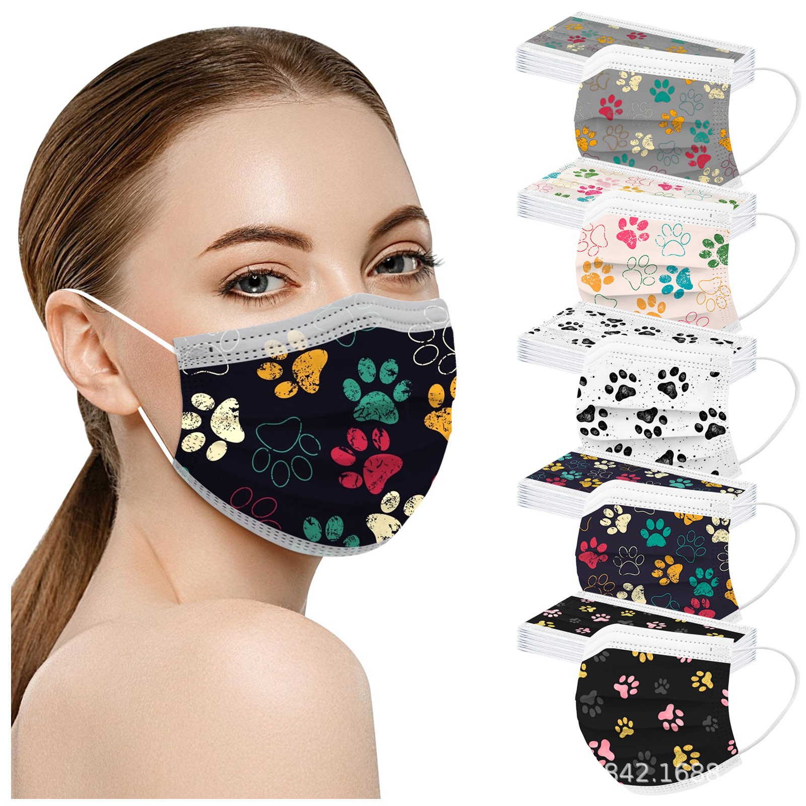 成人一次性口罩厂家批发可爱猫咪爪印印花日常防风防护平面10只装
