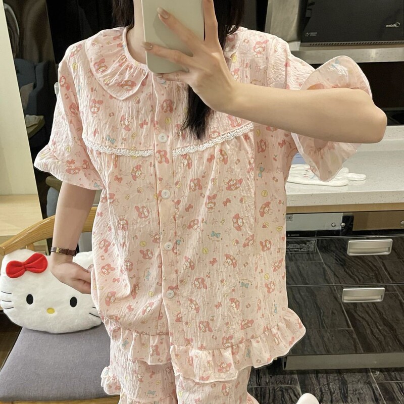 Sweet Girl Pink Merleti Pajamas Women's Spring and Autumn New Soft Skin-Friendly Short-Sleeved Shorts Home Clothes suit Sweet Girl Pink Merleti Pajamas Women's Spring and Autumn New Soft Skin-Friendly Short-Sleeved Shorts Home Clothes suit