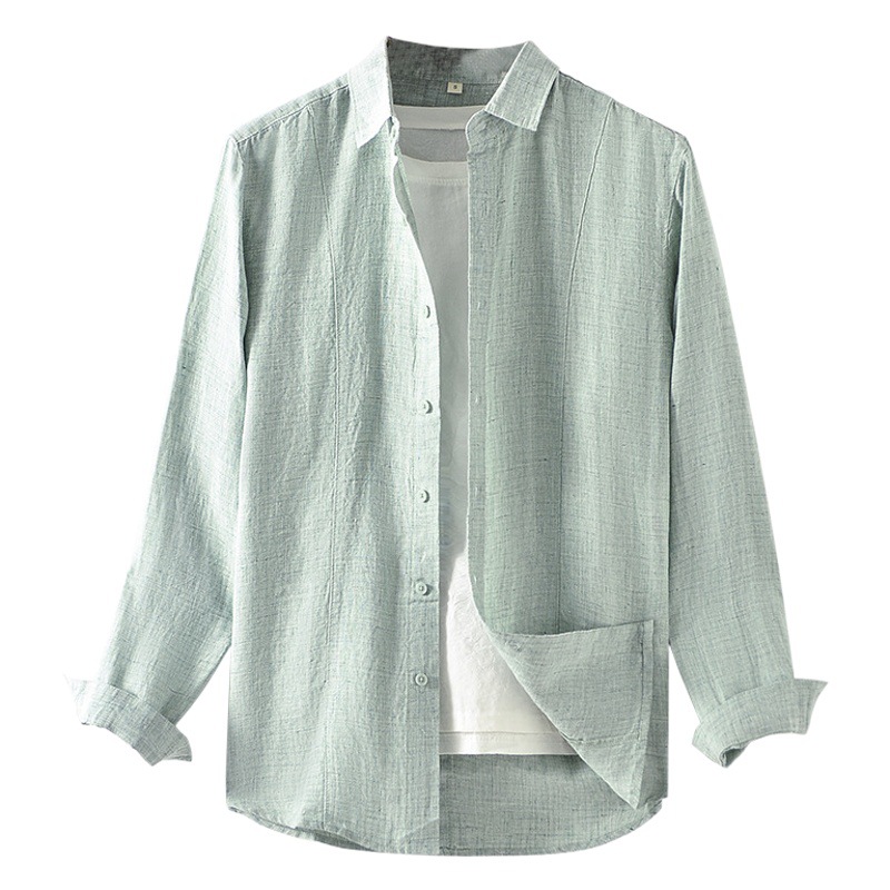 Camisa de Lino de Manga Larga para Hombre, Primavera 2025, Nueva, Holgada, Informal, con Cuello Camisero, Color Sólido, E008