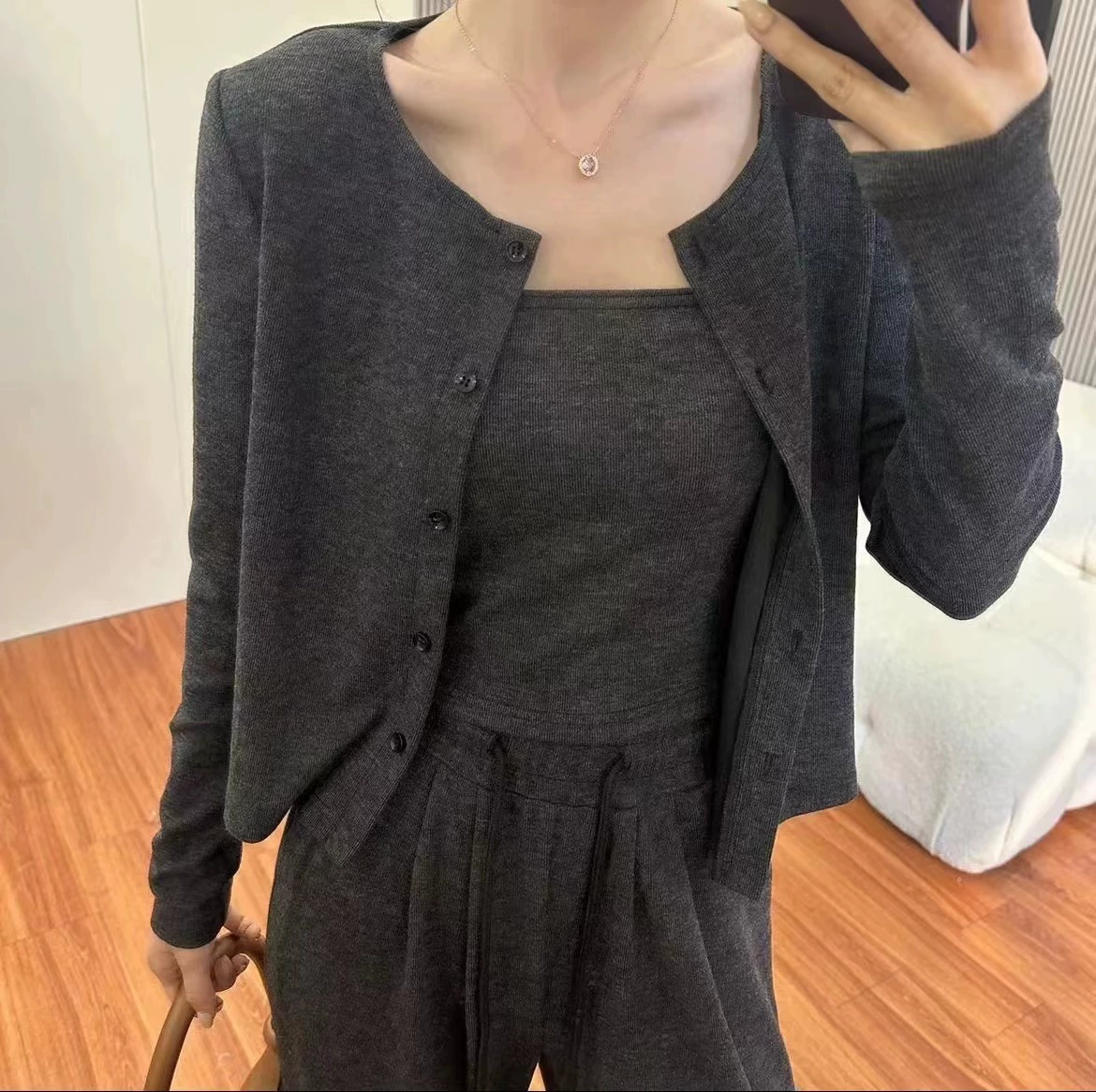 Autumn Thin Cardigan Knit 3-Piece Set — Cardigan, Tank, Wide-Leg Trousers, Loose Fit