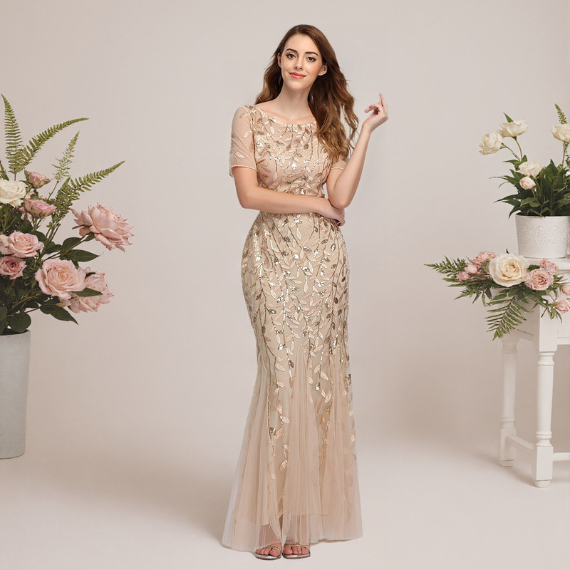 Spring and Summer cross-border 2024 banquet host European and American slim mesh sequined evening dress fishtail dress women