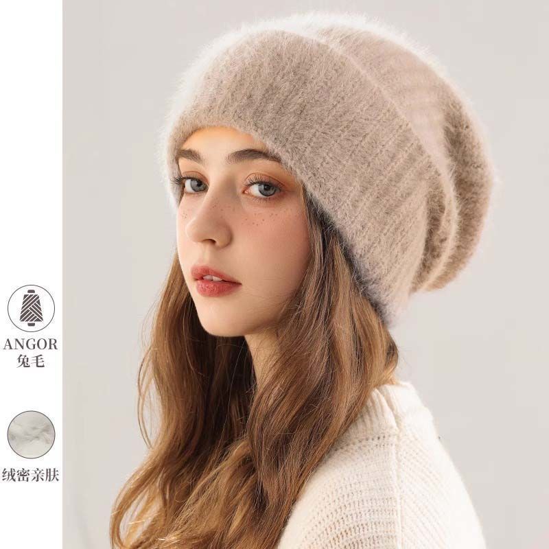 高档兔毛帽子女秋冬毛绒堆堆帽显脸小针织毛线帽大头围加厚保暖无|undefined