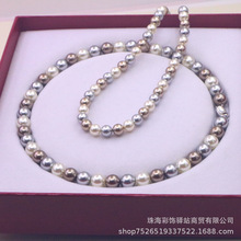 跨境时尚正圆强光仿海水大溪地珍珠项链女美拉德风咖啡铂金灰暖白