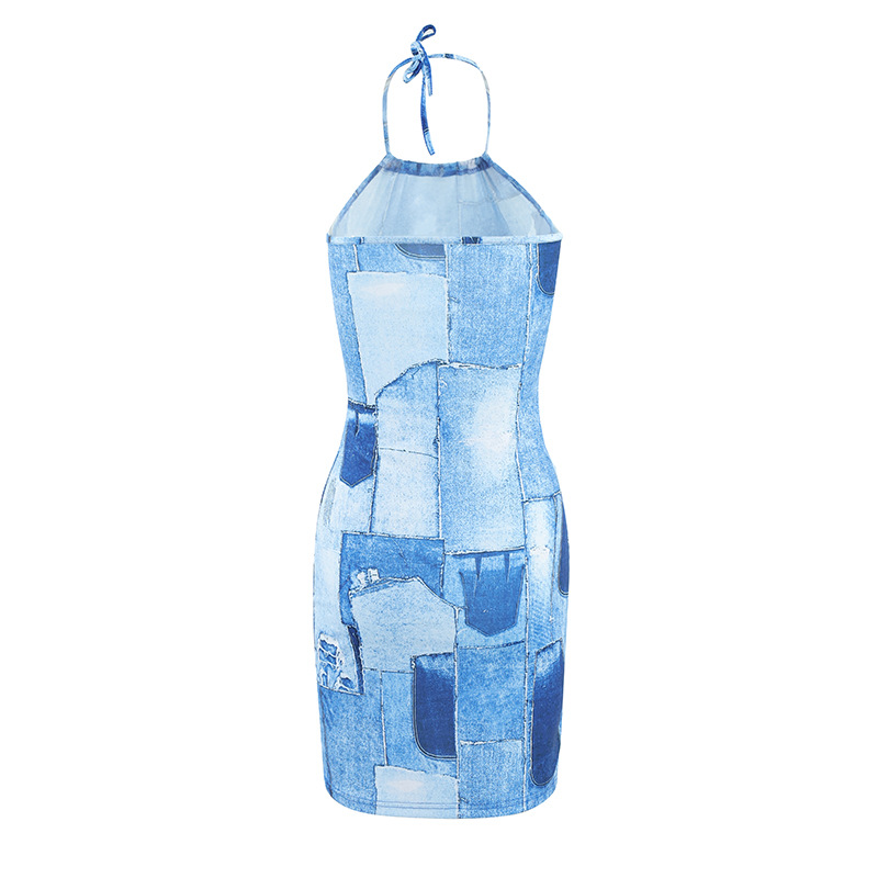 Women Clothing Sexy Slim Fit Hip Dress Imitation Denim Printing Slip Dress
