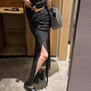French Style Retro Slit Skirt Women's Summer Cover Cross-Hip Sunscreen Mid-Length Chiffon Skirt