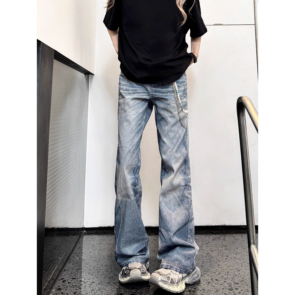 American-Style Washed Vintage 3D Printed Jeans for Men, Summer Loose Straight Trendy Versatile Wide-Leg Long Pants