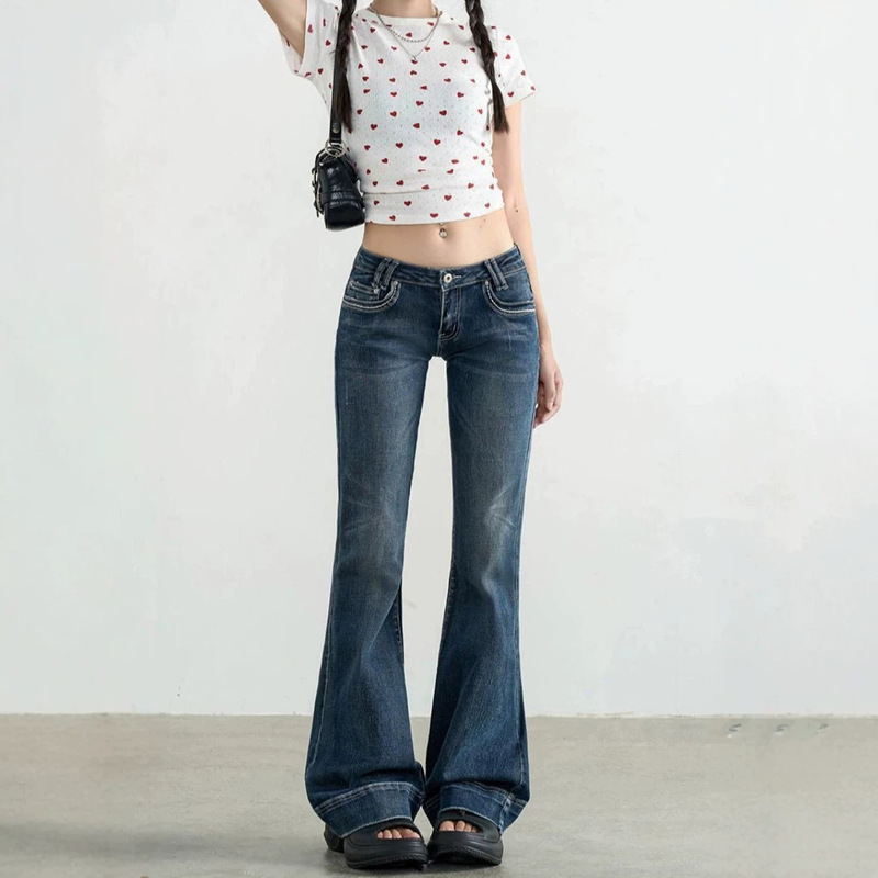 Yi Mengling's same style low-waist, slightly flared jeans for women, straight-leg, stretchy, slimming, wide-leg, drapey, slightly flared pants Yi Mengling's same style low-waist, slightly flared jeans for women, straight-leg, stretchy, slimming, wide-leg, drapey, slightly flared pants