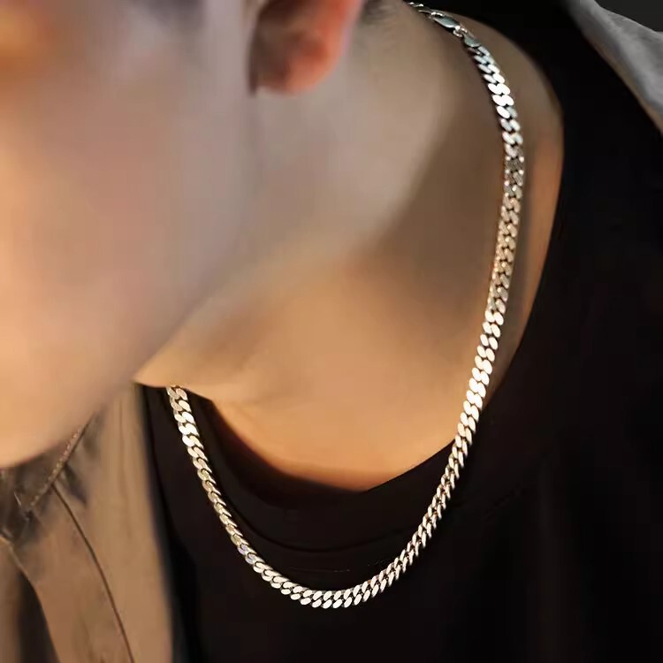 Dongguan Titanium Steel Jewelry Men's Necklace Cuban Chain Trendy Brand Simple Versatile High-End Fine Clavicle Chain Wholesale