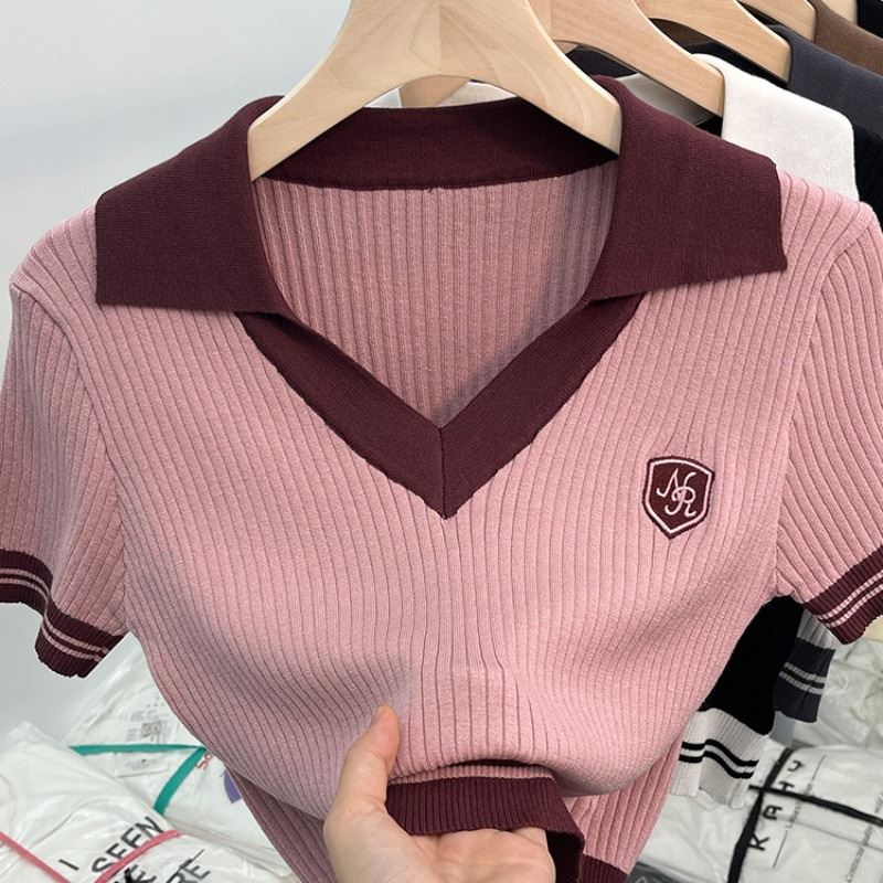 独特港味甜辣妹短款领针织衫上衣设计感小众短袖恤女夏|undefined