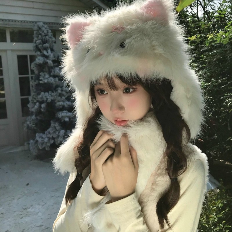 耳朵保暖甜美腮红卡通新款加厚可爱冬季毛绒护耳帽子披肩秋冬防寒|undefined