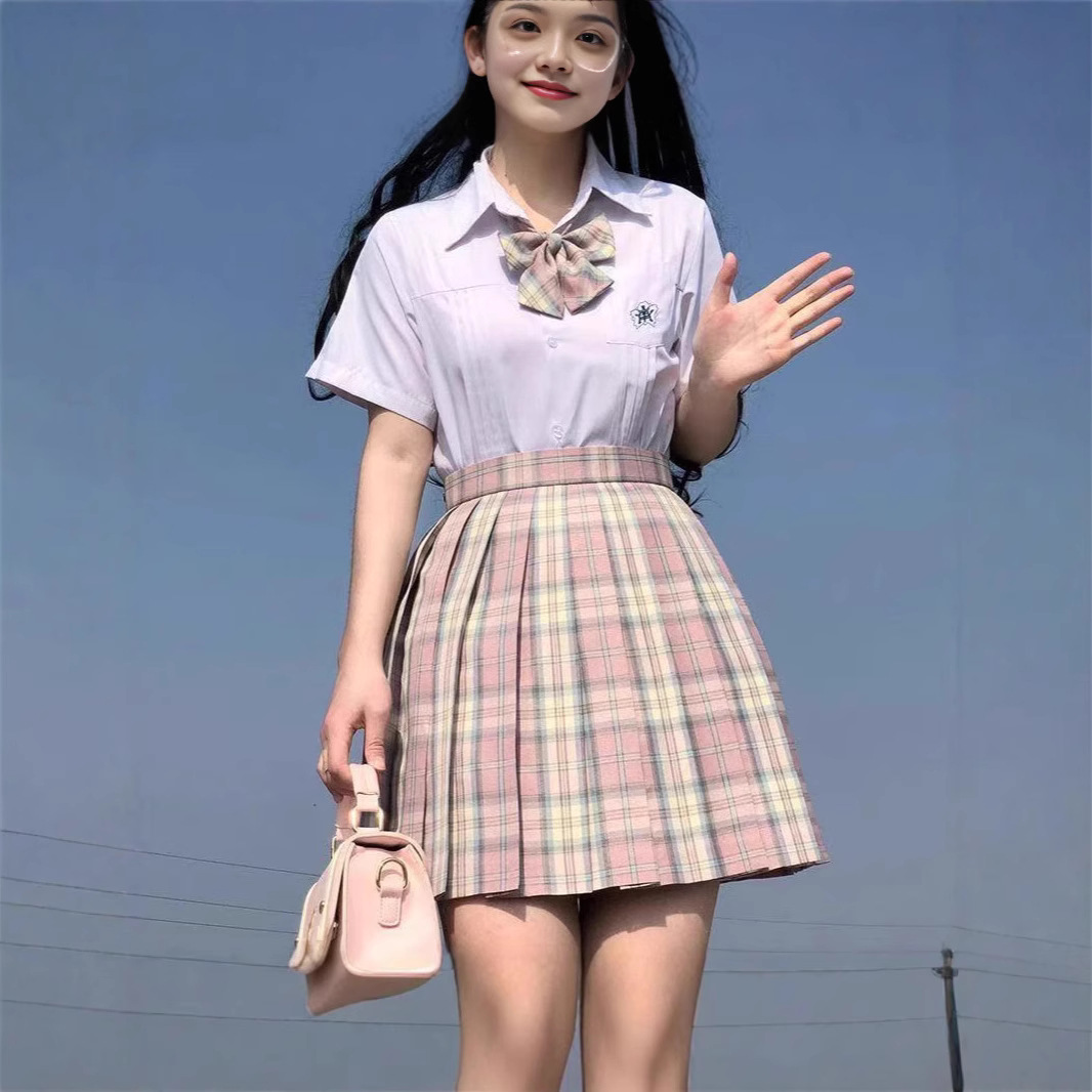 일본 JK 유니폼 기본 세트 여자 단색 반팔 탑 올 매치 스위트 스타일 격자 무늬 스커트 여자 여름 짧은 치마