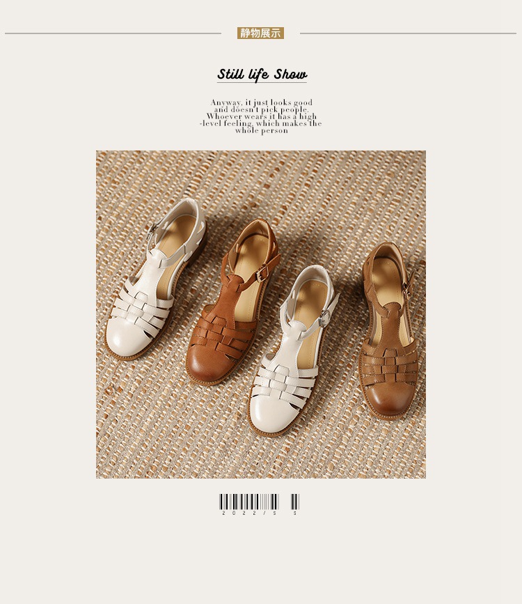Sandal bít mũi da cừu phong cách La Mã quai chữ T dệt cho nữ — Màu caramel chi tiết 19