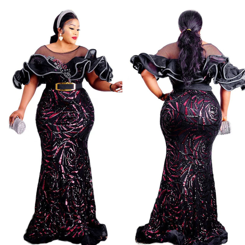 Rose Sequin Slim-fit Fishtail Evening Dress Long Dress with off-shoulder Lotus Leaf Luxury African European Women's Dress