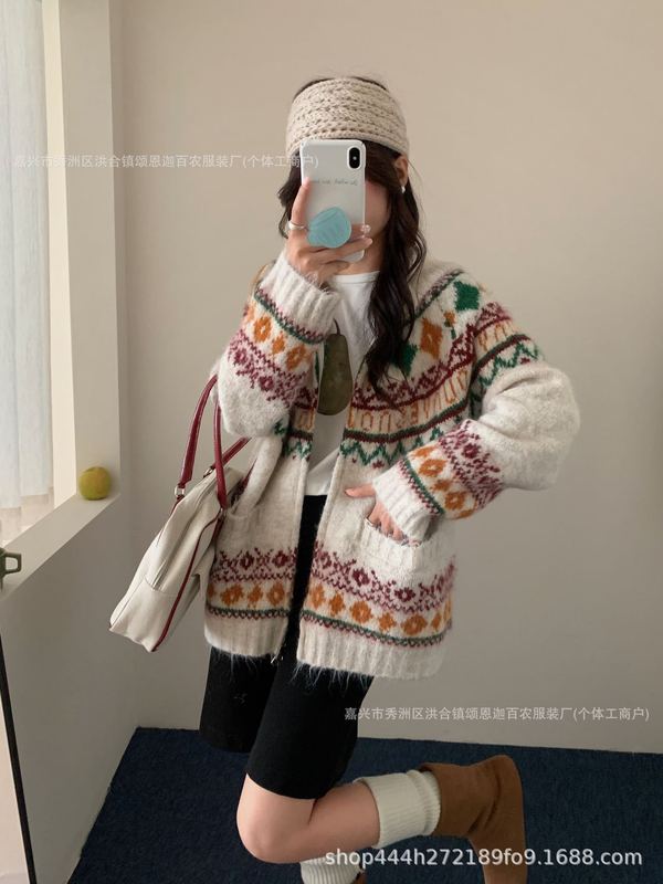 软糯费尔岛提花连帽毛衣外套女秋冬新款韩版宽松厚拉链针织开衫|undefined