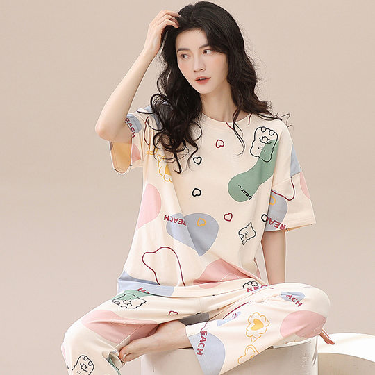 Pure Cotton Pajamas Women's Spring and Summer New Short-sleeved Trousers Korean-style Casual Suit Summer Women's Home Wear
