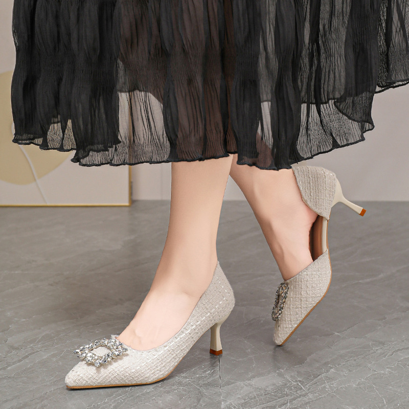New Glitter Pointed Toe Women's Pumps, Light Luxury with Rhinestone Buckle, Stiletto Heel Bridal Wedding Shoes, Slimming and Elegant for Commuting