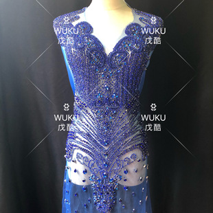 E-cool 2021 blue front 45X85cm handmade beaded wedding dress crochet mesh applique MP-161