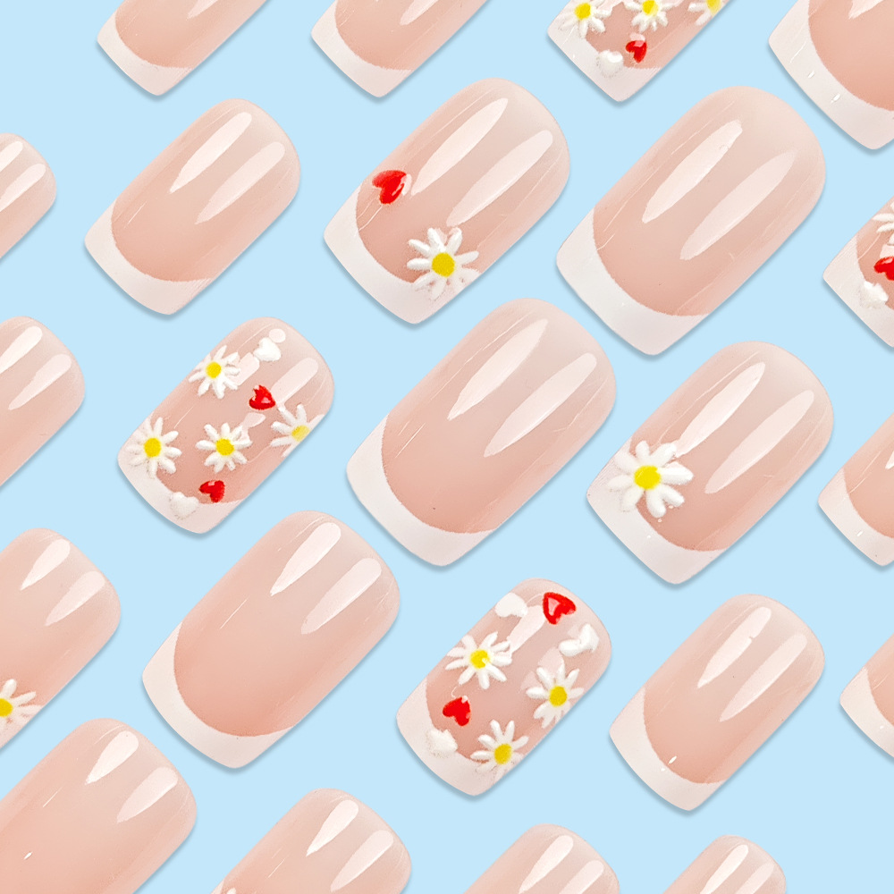 Uñas postizas 3D estilo francés con diseño de margarita, puntas de uñas color nude rosa estilo INS, 24 piezas de uñas postizas al por mayor. image 4
