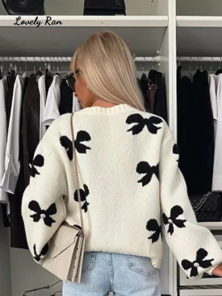 Short Top Length Wholesale Women's Elegant Bow Knot Long Sleeve Sweaters & Cardigans