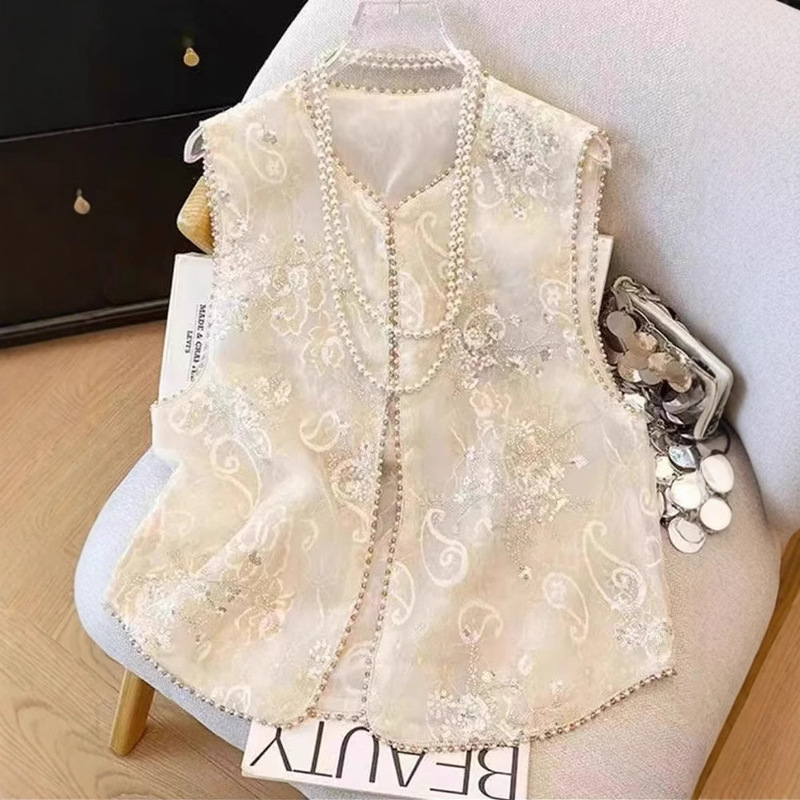 New Chinese Style National Style Embroidered Beaded Vest Women's 2025 Spring New Elegant Loose All-match Petite Ware Top