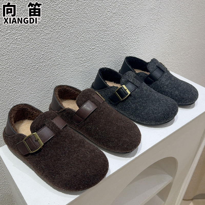 牛皮版全包毛呢勃肯鞋女加绒保暖羊羔毛毛鞋一脚蹬两穿棉鞋豆豆鞋