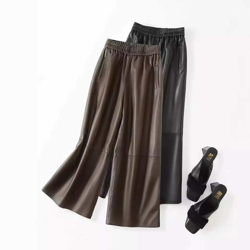 Genuine Leather Sheepskin New Wide Leg Pants Straight Leg Pants Ankle-length Pants Women's Slimming Haining Leather Pants Western Style Casual Pants