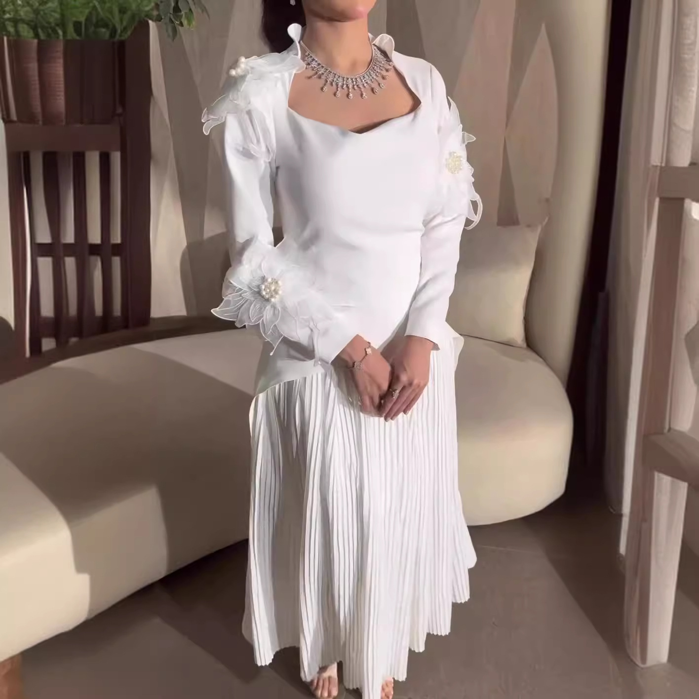 Women's Clothing pure color fairy style fashionable three dimensional flower long sleeved elegant long skirt_senzul.com